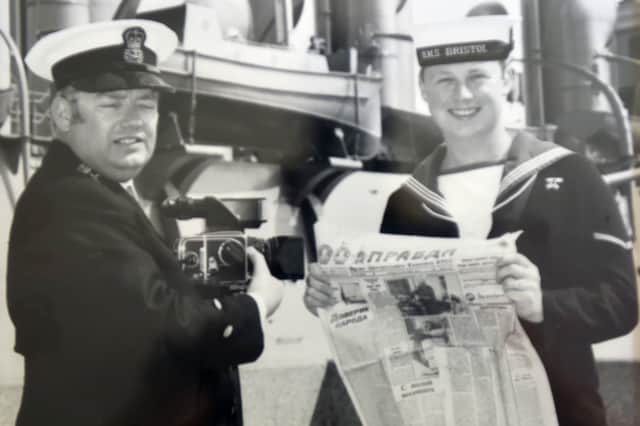 Pictured is: Copy picture of Andrew Rossiter (right) aged 26 in 1990 and just before he left the navy with HMS Aurora behind.