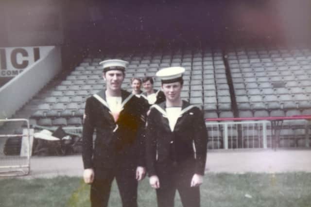 Pictured is: Copy picture of Andrew Rossiter (right) in 1981 at Cardiff Arms Park shorty after joining the navy.