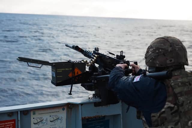 HMS Medway ship's company conducting gunnery exercises on the edge of the Falkland Islands.