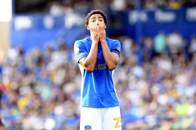 Debutant Ryan Kavuma-McQueen, who impressed off the bench, shows his frustration at Pompey's 3-1 defeat to QPR. Picture: Jeff Mood/ProSportsImages