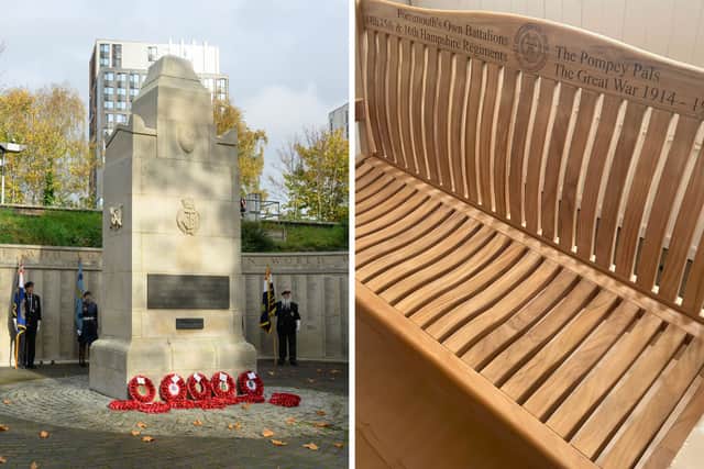 Memorial benches honouring the Pompey Pals First World War soldiers will be shown to the public in Guildhall Square, before being taken to France.