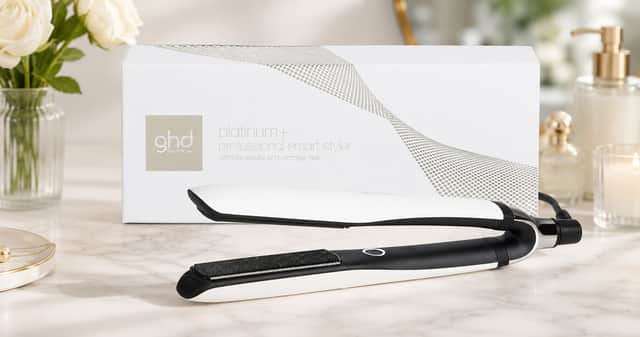 White ghd Platinum+ hair straightener with precision-milled styling plates