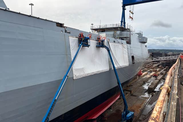 Work is continuing on the Type 31 programme for the Royal Navy. Pictured: HMS Active in dry dock 1.