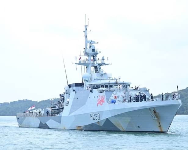 HMS Tamar has visited a naval base in Cambodia which was built by China as part of a historic visit.