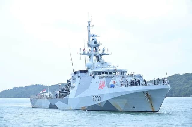 HMS Tamar has visited a naval base in Cambodia which was built by China as part of a historic visit.