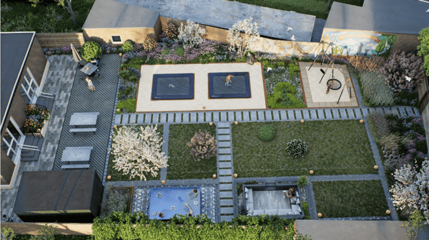 The current plans for the redevelopment of the garden, including trampolines and a vegetable patch