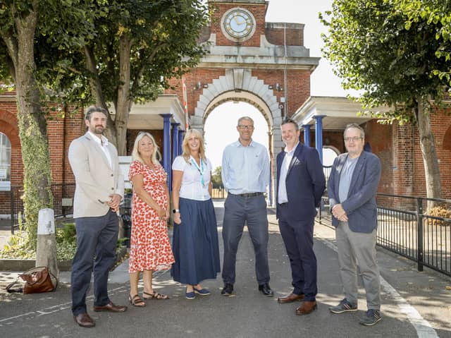 The launch of Gosport Business Awards at St Vincent College. Pictured, left to right, are Dave Steer (Government Business Director at
StandardAero) , Liz Wiffin (Key Accounts Manager for Iconic Media Group), Sarah Carter (St Vincent College Head of Marketing),  Mark Waldron (The News editor in chief), Andy Grant (St Vincent College Executive Principal) and Ian Bridges (Principal Economic Development and Regeneration Officer at Gosport Borough Council). 