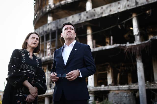 Prime minister Andy Burnham is shown the rubble and wreckage left at the site of a strike by the Lukanivska market, in Kyiv, Ukraine, during his first foreign trip.