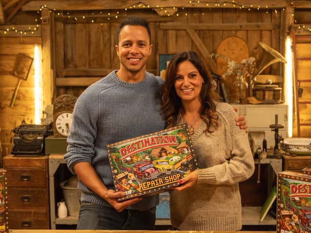 Will Kirk of The Repair Shop with Rachel Lowe and her board game inspired by the BBC television show.