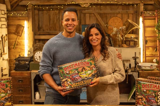 Will Kirk of The Repair Shop with Rachel Lowe and her board game inspired by the BBC television show.