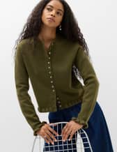 M&S Ruffle Crew Neck Cardigan. Pictured is the dark khaki colour.