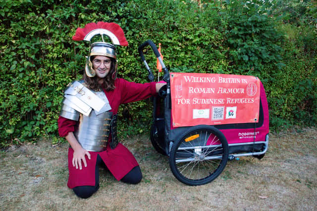 Fundraiser Josh Garman will set off on September 5 for a two-month challenge across Britain, wearing full Roman armour and pushing a homemade Roman chariot. He will finish at Portchester Castle