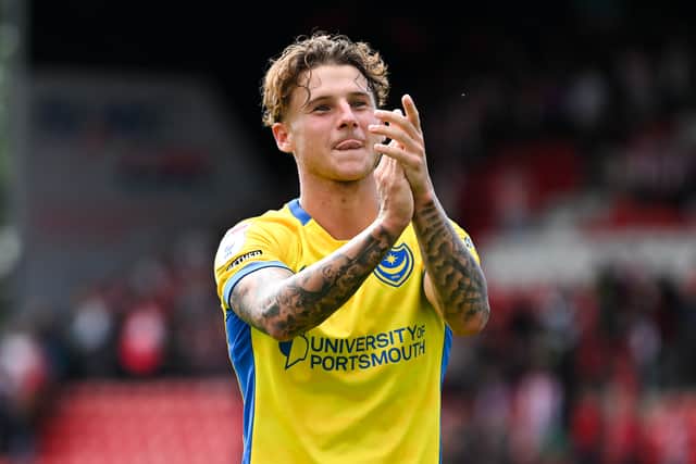 Adrian Segecic welcomes the Pompey fans' adulation after scoring in the Blues' 3-1 win at Lincoln last Saturday
