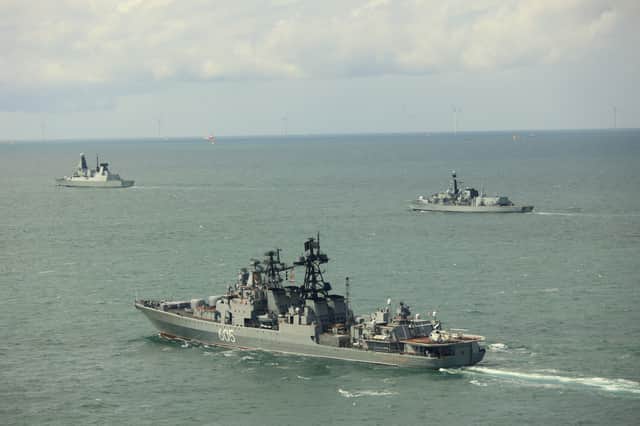 Admiral Levchenko with HMS Duncan (left) and HMS St Albans (right).