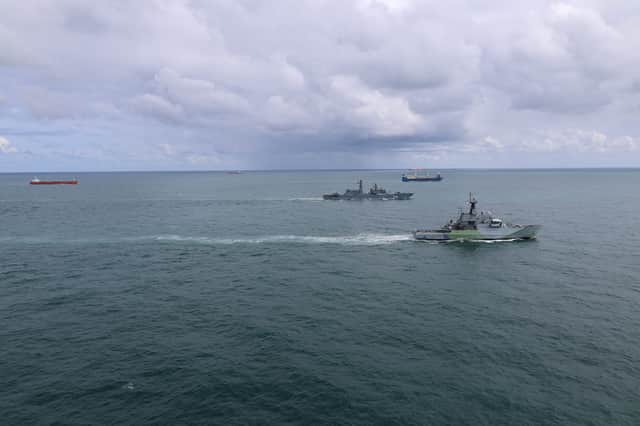 HMS Severn (bottom) with Neustrashimy behind and behind her Sparta and General Skobelev