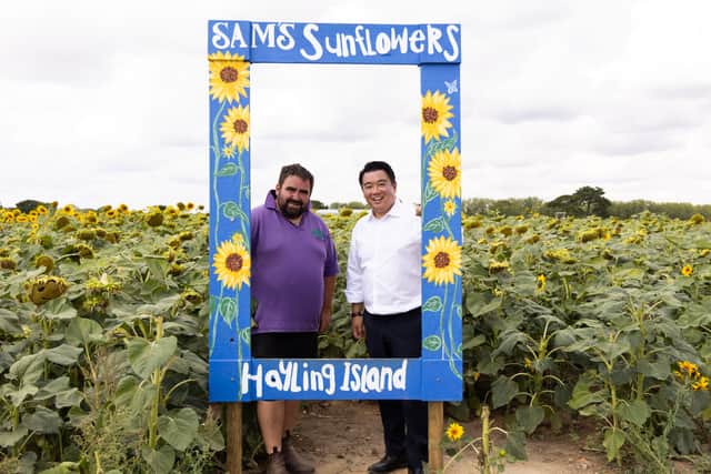 Havant MP Alan Mak with farmer Sam Wilson at Sam's Sunflowers on Hayling Island  