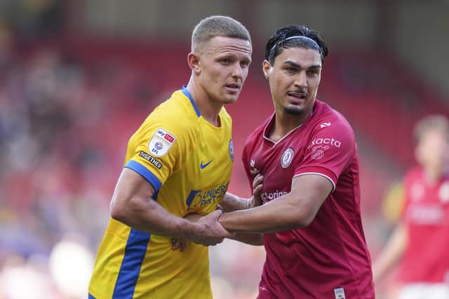 Colby Bishop is battling Marko Milovanovic for a Pompey starting spot. Picture: Jason Brown