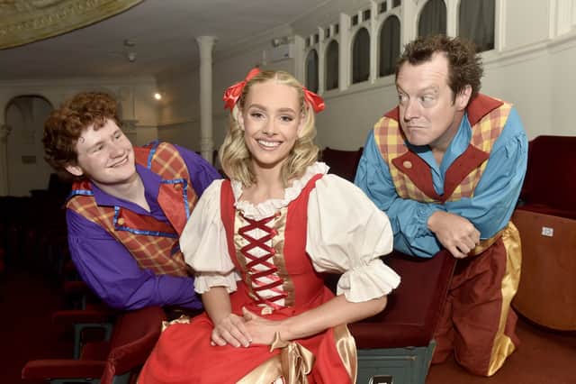Theatre Royal in Guildhall Walk, Portsmouth, launched their Christmas pantomime of Mother Goose on Thursday, September 3, 2026. Pictured is: (l-r) Gil Downs as Charlie Goose, Faith Adams as Jess Goose and Daren Cooper as Billy Goose.