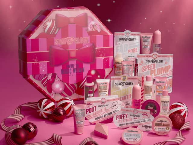 The Soap & Glory Unwrap The Magic Within 24 Piece Advent Calendar contains 24 beauty and pampering treats.