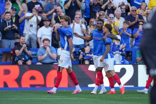 Marko Milovanovic celebrates after scoring Pompey's second in their 2-0 win over Cardiff. Picture: Jason Brown