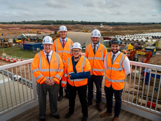Bob Taylor and Ruari Maybank from Portsmouth Water, Dame Angela Eagle,
Howard Sanger from Portsmouth Water and Geraint Lloyd from Future Water at the
Havant Thicket Reservoir site.