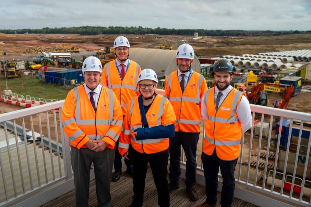 Bob Taylor and Ruari Maybank from Portsmouth Water, Dame Angela Eagle,
Howard Sanger from Portsmouth Water and Geraint Lloyd from Future Water at the
Havant Thicket Reservoir site.