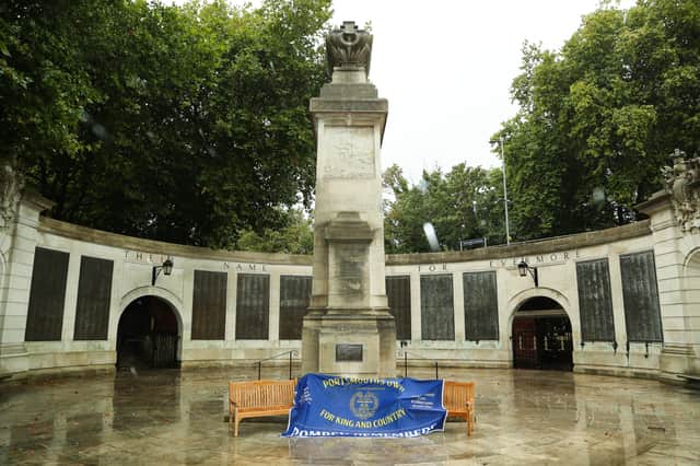Pompey pals memorial benches on display at Portsmouth War Memorial in Guildhall Square, before being transported to France.