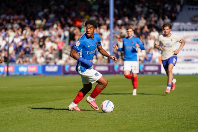 Pompey loanee Ryan Kavumba-McQueen is playing with a cast on his right arm after breaking his wrist in two places. Picture: Jason Brown