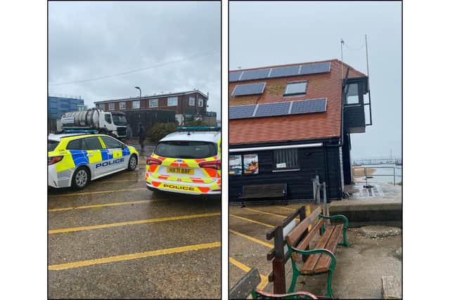 Police outside RNLI’s base on Tuesday after a hate campaign against the charity