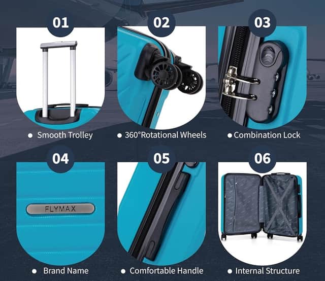 FLYMAX 29-inch aqua large suitcase with four spinner wheels and telescopic handle.