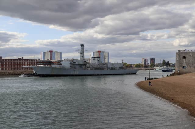 Retired Royal navy frigate HMS Northumberland being towed away from Portsmouth on September 10, 2026.