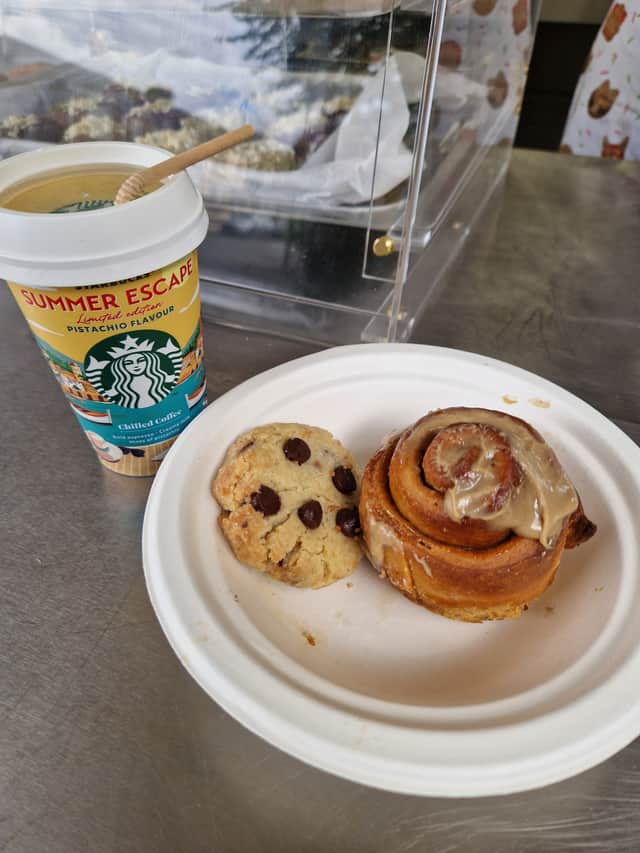 A previous Lunar Blossom special, coffee cinnamon scroll, and a chocolate chip cookie