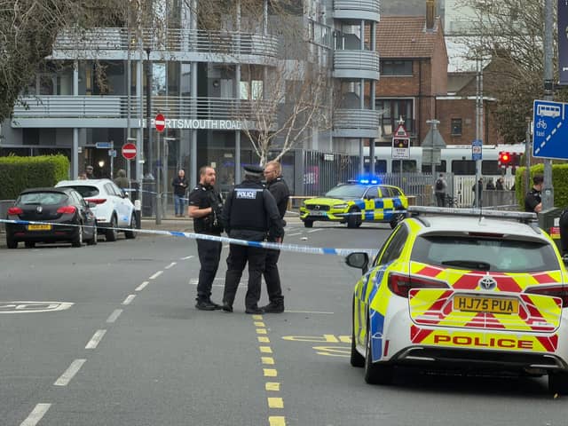 Police at the junction of Portsmouth Road and Hawthorn Crescent in Cosham, after a man was stabbed on March 12.