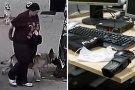 Police wish to speak to a woman after a baby sat in a pushchair was attacked by a dog.