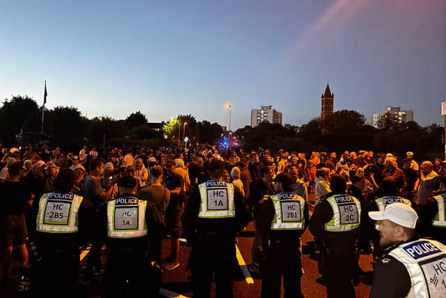 Protestors and police in Gosport on Tuesday 