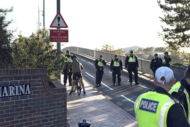 Police at Haslar Marina in Gosport, Hampshire after protesters arrived