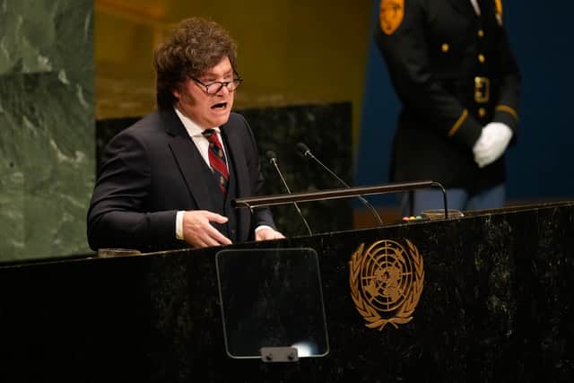Argentina’s President Javier Milei speaking at the United Nations General Assembly.