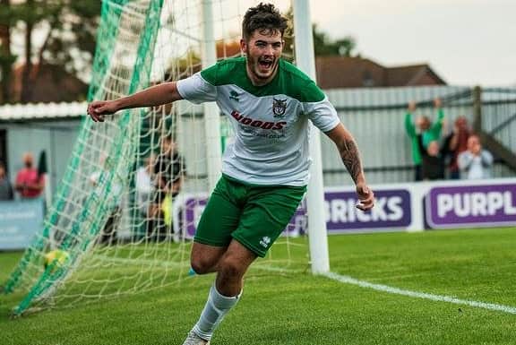 Bradley Lethbridge celebrates another Bognor goal during his loan spell in 2018-19. Picture: Tommy McMillan