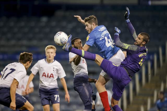 Bradley Lethbridge makes a nuisance of himself against Tottenham's Under-21s in the Checkatrade Trophy on his Pompey debut in November 2018. Picture: Robin Jones/Digital South