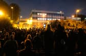 Protesters gathered outside the Hampshire Constabulary Police Investigation Centre in Basingstoke following the arrest of far-right activist Daniel Thomas, also known as Danny Tommo, after he was filmed slashing the side of a dinghy in the English Channel with a rescue crew member still on board. Picture: PA Wire