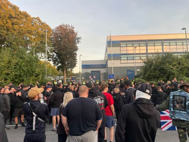 Protesters gathered outside the Hampshire Constabulary Police Investigation Centre in Basingstoke following the arrest of far-right activist Daniel Thomas, also known as Danny Tommo, after he was filmed slashing the side of a dinghy in the English Channel with a rescue crew member still on board. Picture: PA Wire