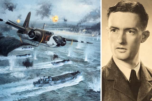 Medals belonging to Flight Officer Leslie Valentine who flew a Boston bomber over the Normandy Beaches during D-Day will be put up for auction. Pictured is the pilot alongside the painting Friendly Smoke, which depicts the feat of bravery.