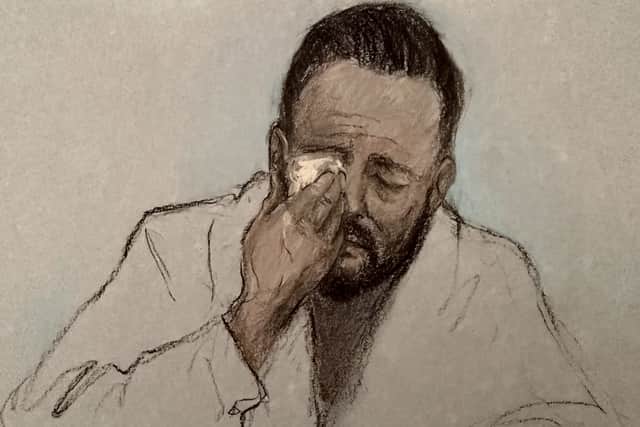 Court artist drawing of Daniel Thomas, also known as Danny Tommo, appearing via video link at Basingstoke Magistrates’ Court at an earlier hearing.