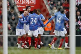 Jamie O'Hara, left, celebrates scoring Pompey's fourth goal with his Blues team-mates in their famous 4-1 victory over Southampton in the 2010 FA Cup fifth round.