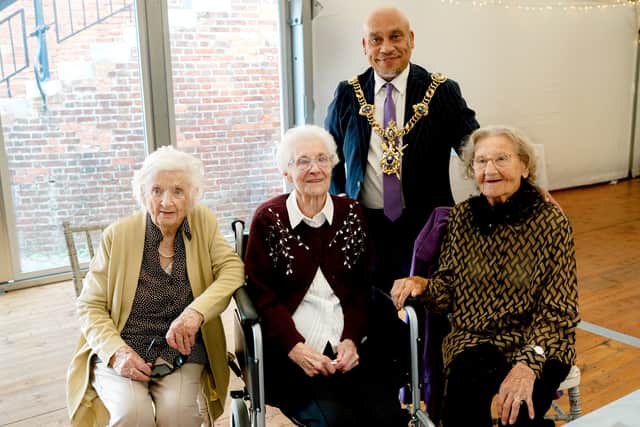 100 Year Olds Party at Southsea Castle, Portsmouth on Monday 28th September 2026

Pictured: All 3 one-hundred year old guests at Southsea Castle with the Lord Mayor, Abdul Kadir

Picture: Tom Langford