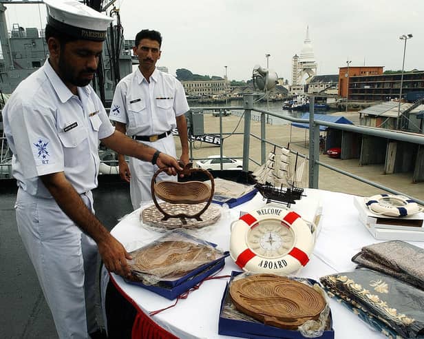 The deadline to save HMS Ambuscade, now known as PNS Tariq, from being blown up has not be extended. Pictured: Pakistan sailors aboard PNS Tariq arrange souvenirs on board the vessel at the Colombo port, 15 November 2004, during an official port call on Sri Lanka.