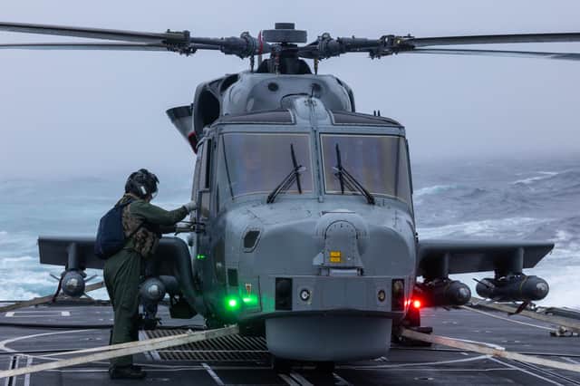 HMS Portland's Wildcat Helicopter, prior to take-off.