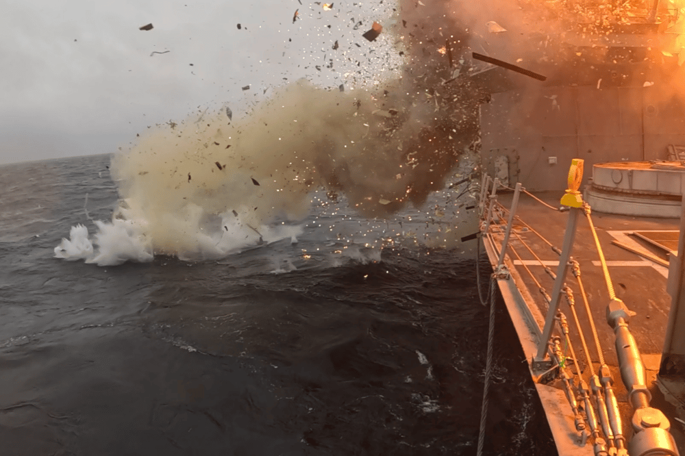 The Royal Navy and US forces blow up the retired warship USS Klakring while testing a new ship-busting missile.