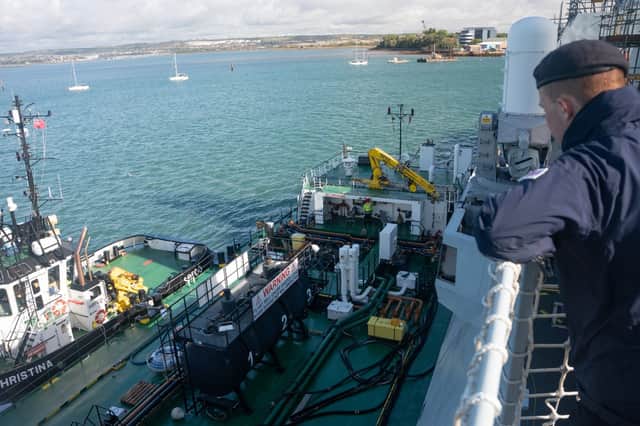Royal Navy destroyer HMS Daring being refuelled for the first time in years as she takes a step closer to returning to sea.