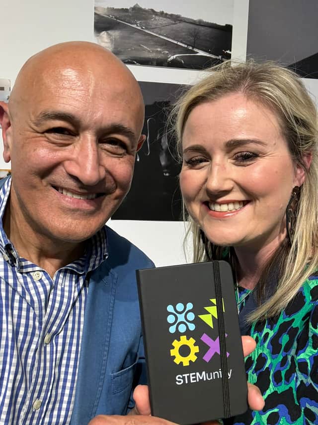 Professor Jim Al-Khalili, physicist, broadcaster and Honorary Patron of the National Education Museum with trustee Laura Watford, CEO  of STEMunity and Portsmouth National Education Union Assistant Secretary.